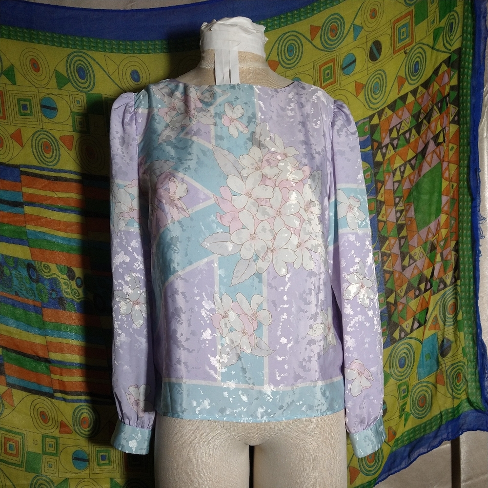 Vintage 80s Pastel Pink Purple Blue Long Sleeved Floral Satin Blouse AFL-CIO ILG